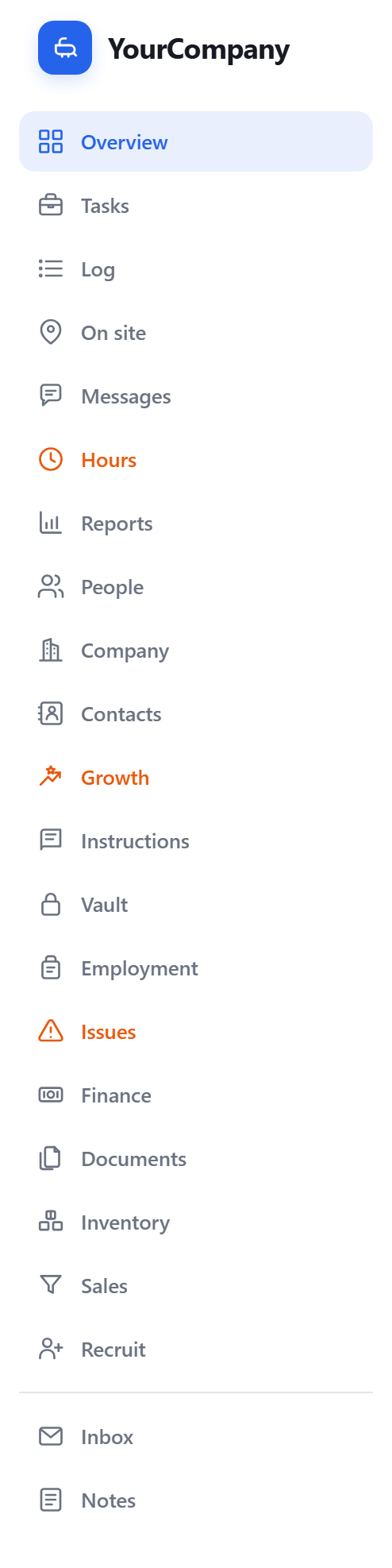 YourCompany menu: Overview, Tasks, Log, On site, Messages, Hours, Reports, People, Company, Contacts, Growth, Instructions, Vault, Employment, Issues, Finance, Documents, Inventory, Sales, Recruit, Inbox and Notes.