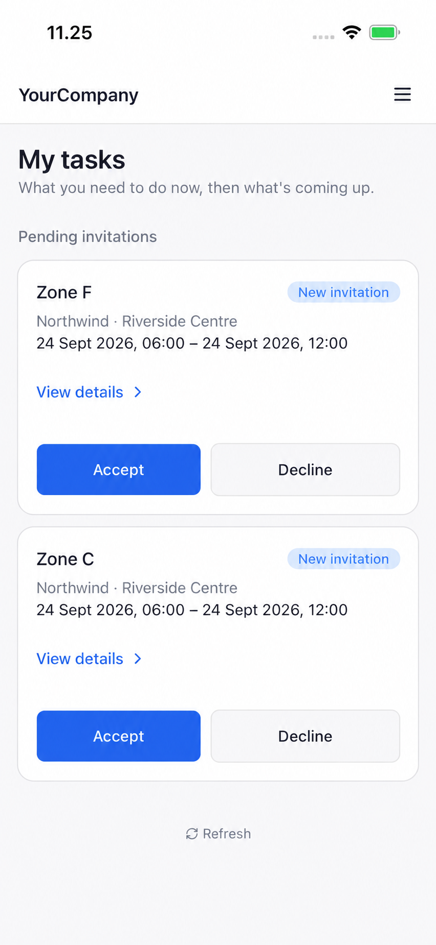 Worker app: pending invitations for Zone F and Zone C at Northwind, Riverside Centre, with task details and Accept or Decline actions.